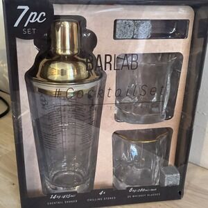BARLAB Cocktail Set Seven Piece Shaker Chilling Stones 2 Whiskey Glasses NEW